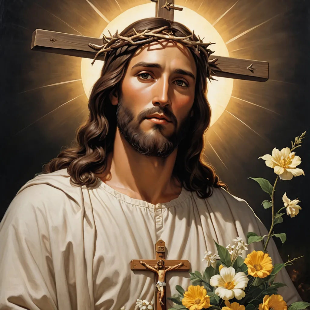 a painting of jesus holding a bouquet of flowers and a cross with the sun behind him and a halo, gothic art, a painting, Fra Angelico, m