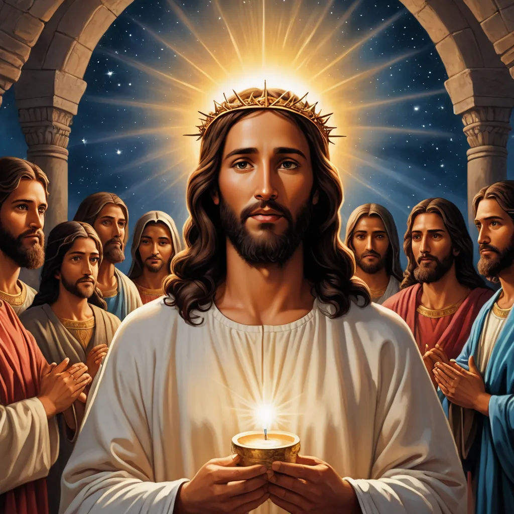 a painting of jesus holding a lit candle in his hands with other people around him and a star above him, letterism, a detailed drawing, Brothers Hildebrandt, radiant light