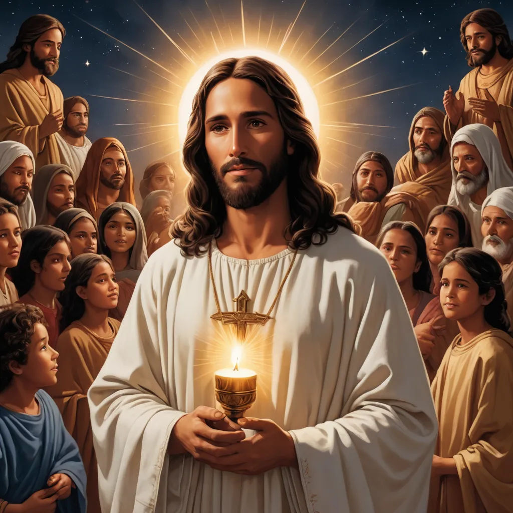 a painting of jesus holding a lit candle surrounded by people in the background of a dark sky with stars, figurativism, a detailed drawing, Brothers Hildebrandt, radiant light