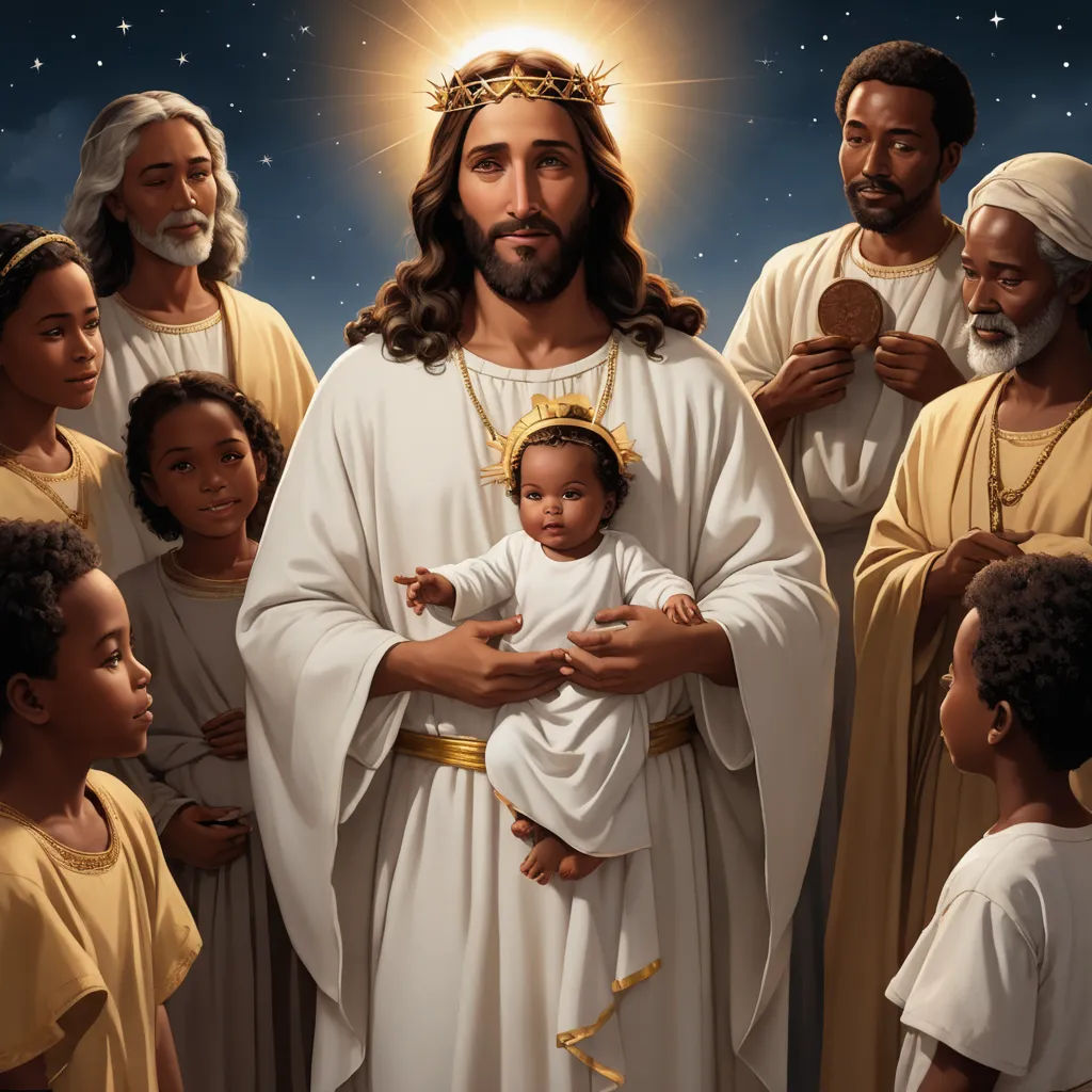 a painting of jesus holding a child surrounded by other people in white robes and gold trimmings,, socialist realism, a storybook illustration, F Scott Hess, radiant light