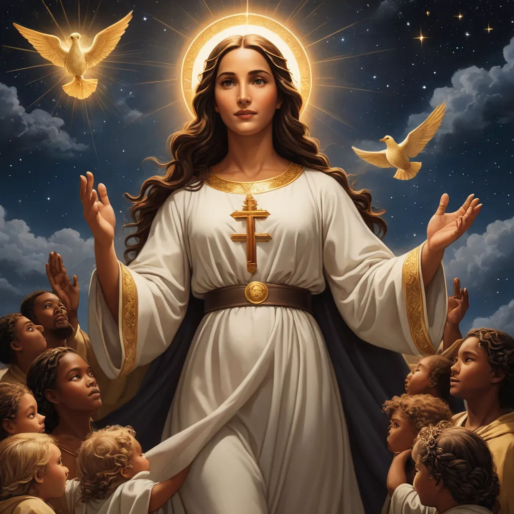 a painting of a woman surrounded by angels and doves in the sky with stars above her and a cross above her, letterism, an ultrafine detailed painting, Donato Giancola, bouguereau