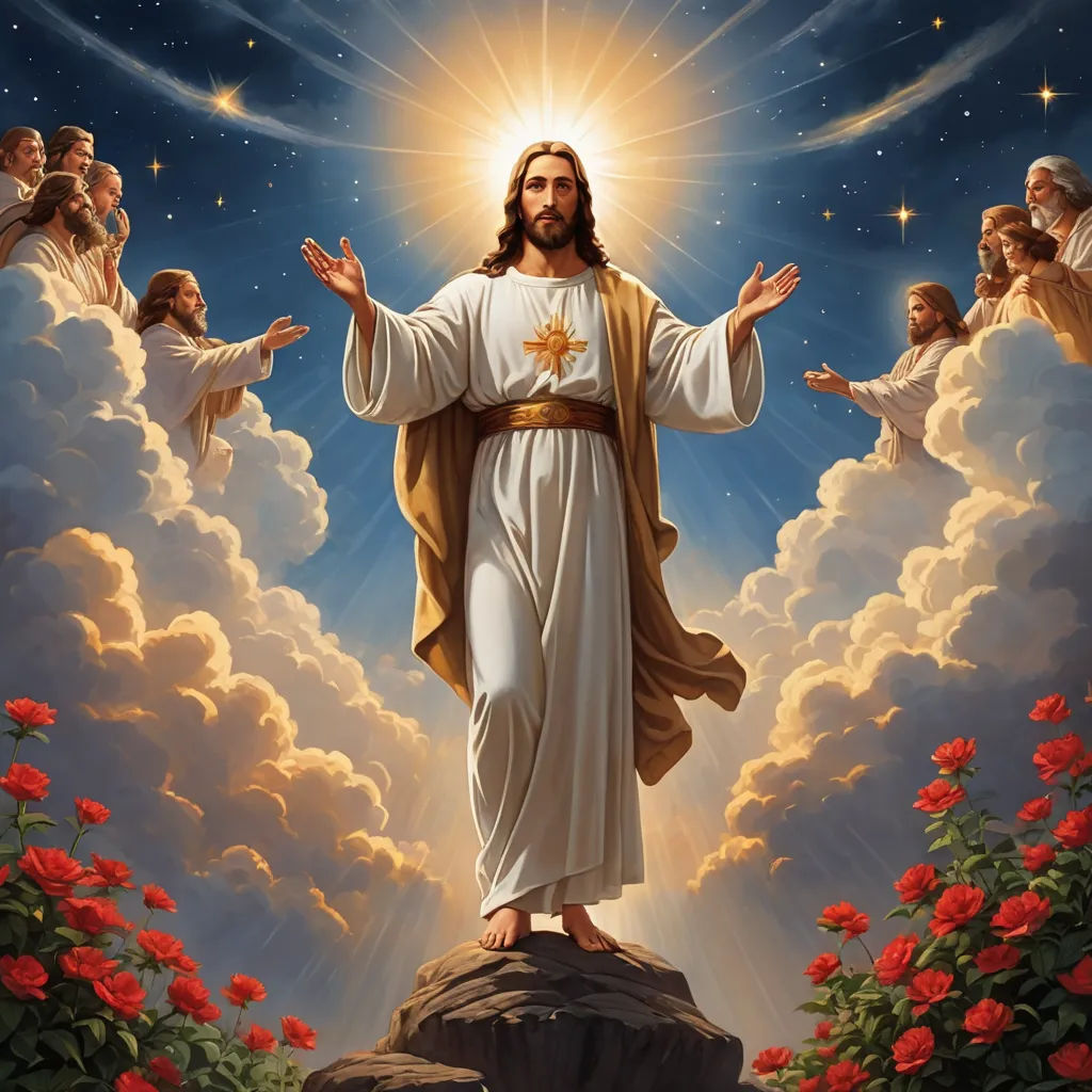 a painting of jesus standing on a rock with his arms outstretched in the air and surrounded by clouds and flowers, gothic art, a digital rendering, Edward Otho Cresap Ord, II, m