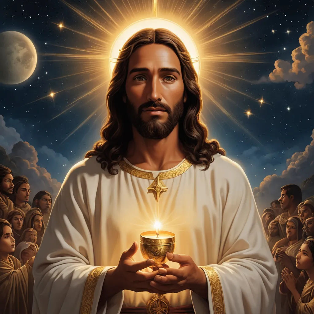 a painting of jesus holding a chalice in his hands with a full moon in the background and clouds, gothic art, a digital rendering, Edward Otho Cresap Ord, II, radiant light