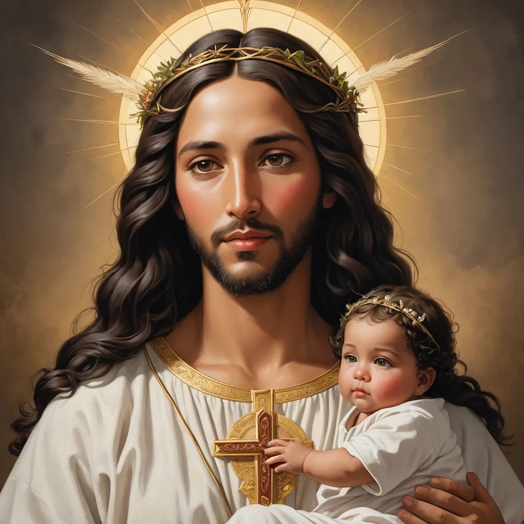 a painting of jesus holding a baby in his arms with a halo around his head and a cross on his chest, gothic art, an oil on canvas painting, Edward Otho Cresap Ord, II, extremely detailed oil painting