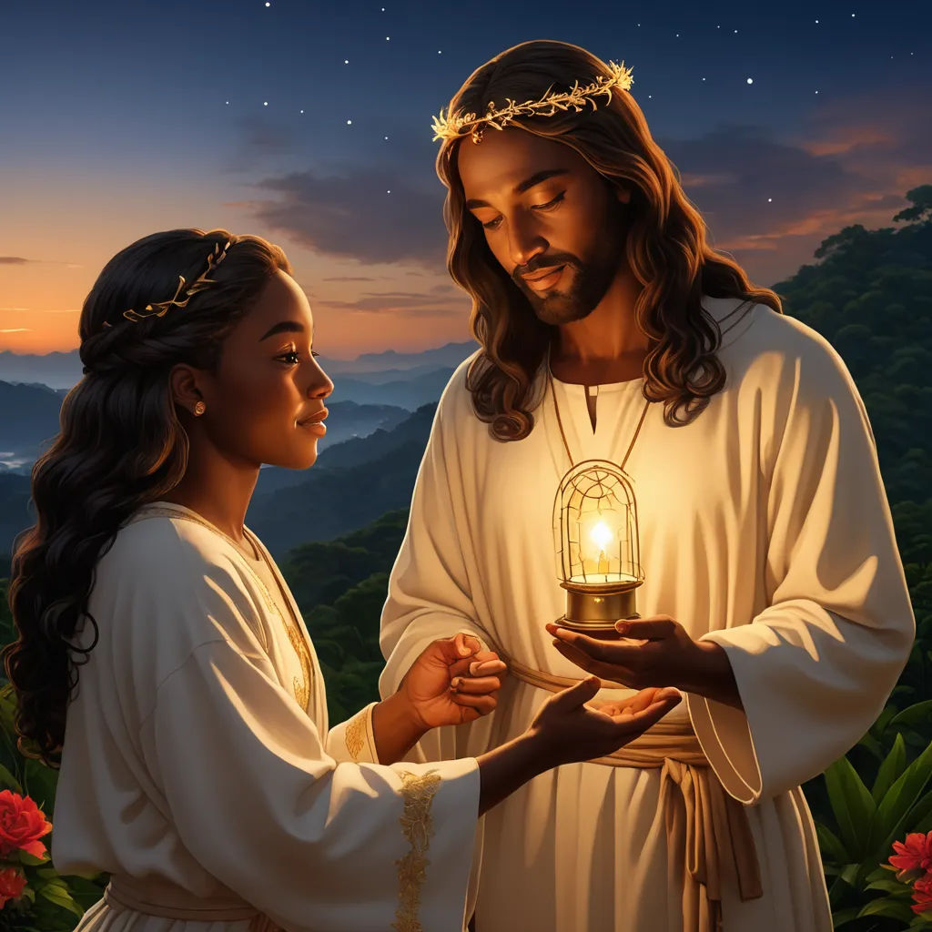 a painting of jesus holding a light in his hand and a woman holding a candle in her hand with a mountain in the background, excessivism, a painting, Christophe Vacher, radiant light