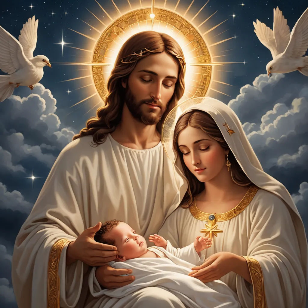 a painting of jesus holding a baby jesus in his arms with a dove above him and a dove above him, gothic art, an oil on canvas painting, Edward George Handel Lucas, renaissance oil painting
