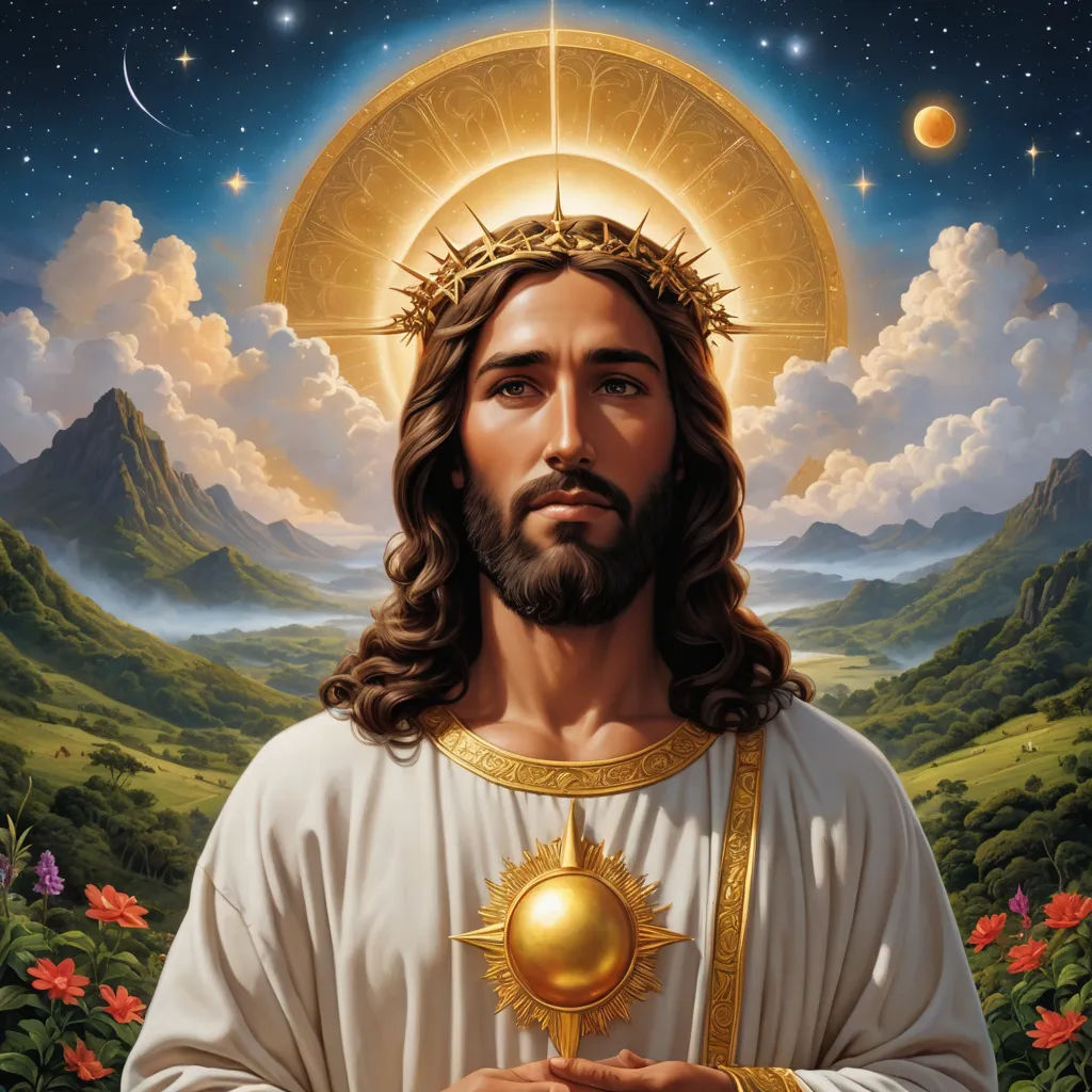 a painting of jesus holding a golden orb in his hands with a mountain in the background and a star above him, precisionism, a detailed painting, Donato Giancola, m
