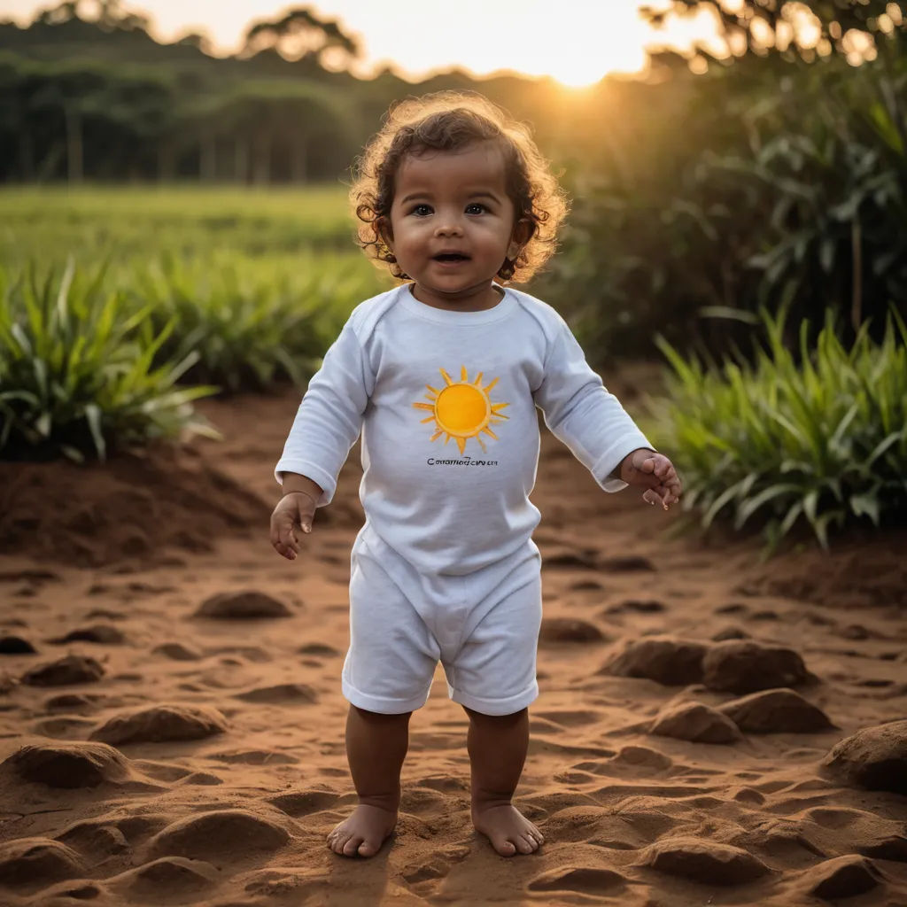 a baby standing in the sand with a sun on it's shirt on and a field in the background, neoplasticism, a photocopy, Aramenta Dianthe Vail, radiant light