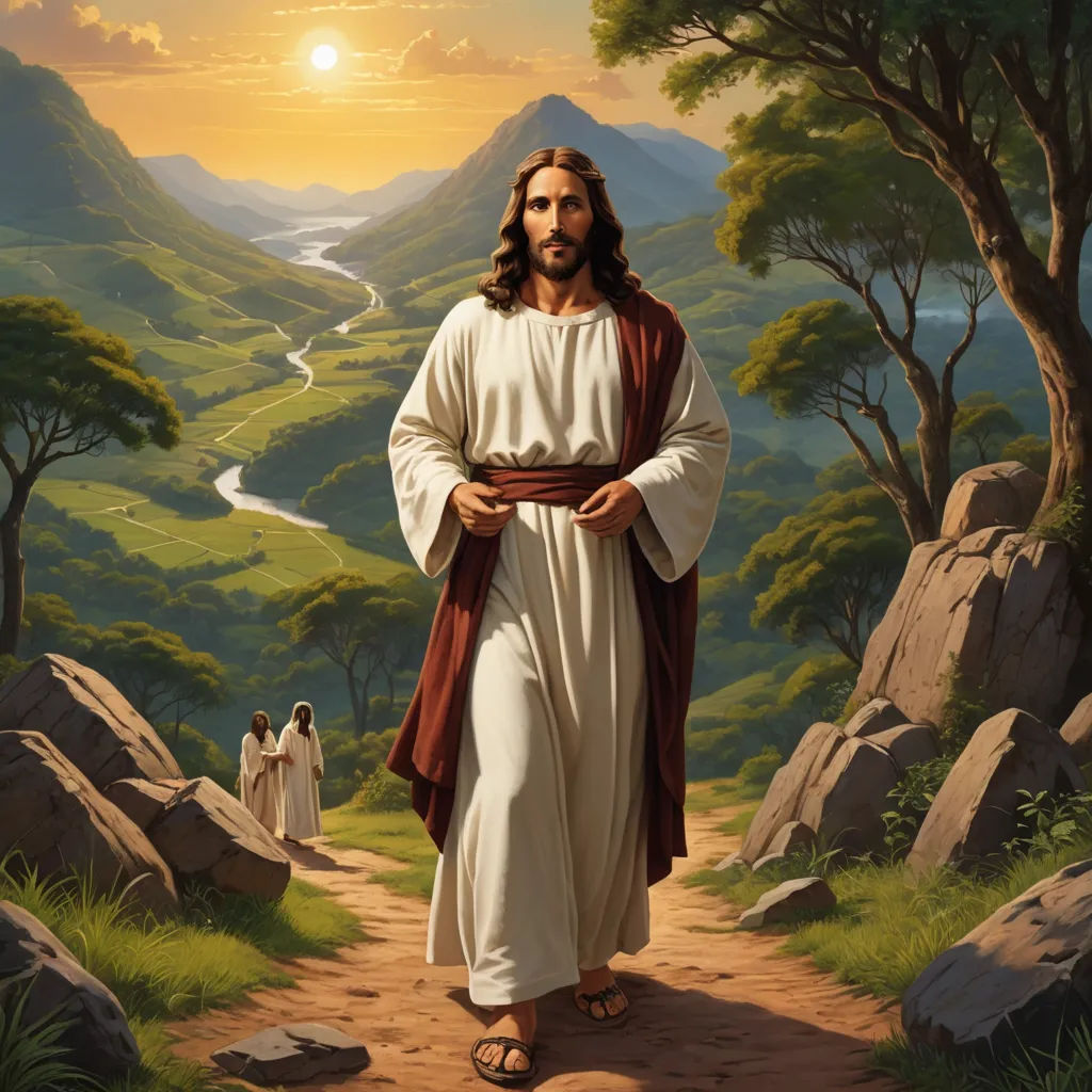 a painting of jesus walking down a path with three people in the background and a sunset in the background, gothic art, a detailed matte painting, Carl Heinrich Bloch, radiant light