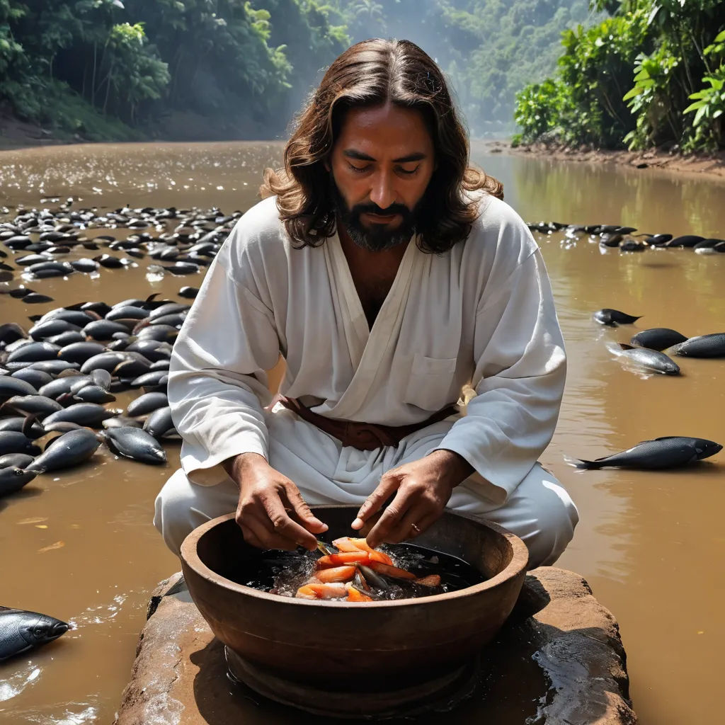 a man in white shirt and white pants cooking food in a bowl in water with rocks in the background, ecological art, a stock photo, Ed Benedict, centered
