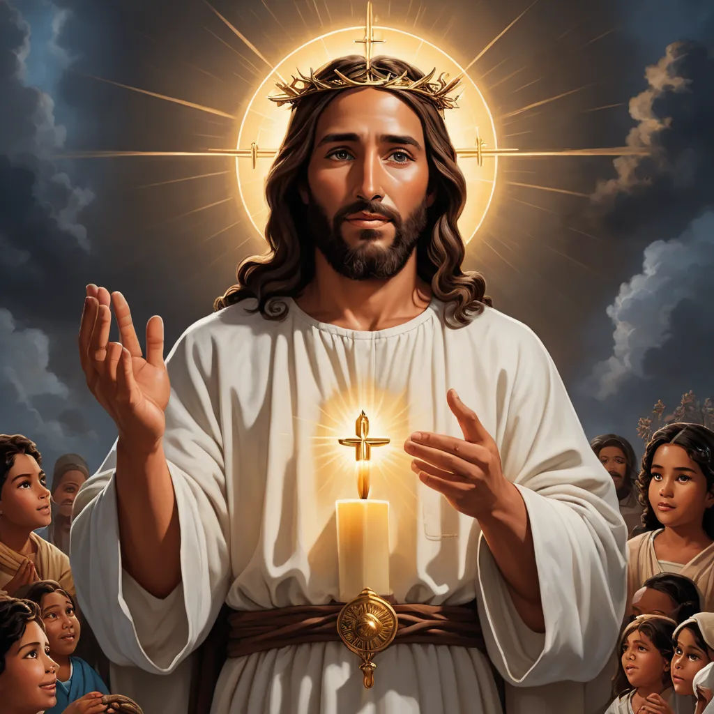 a painting of jesus holding a candle in his hands with a crowd of people around him watching him from the side, gothic art, a digital rendering, Carl Heinrich Bloch, radiant light