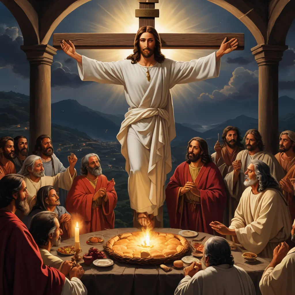 a painting of jesus on the cross surrounded by people around a cake with lit candles on it and surrounded by a group of people, renaissance, a detailed painting, Donato Giancola, renaissance oil painting