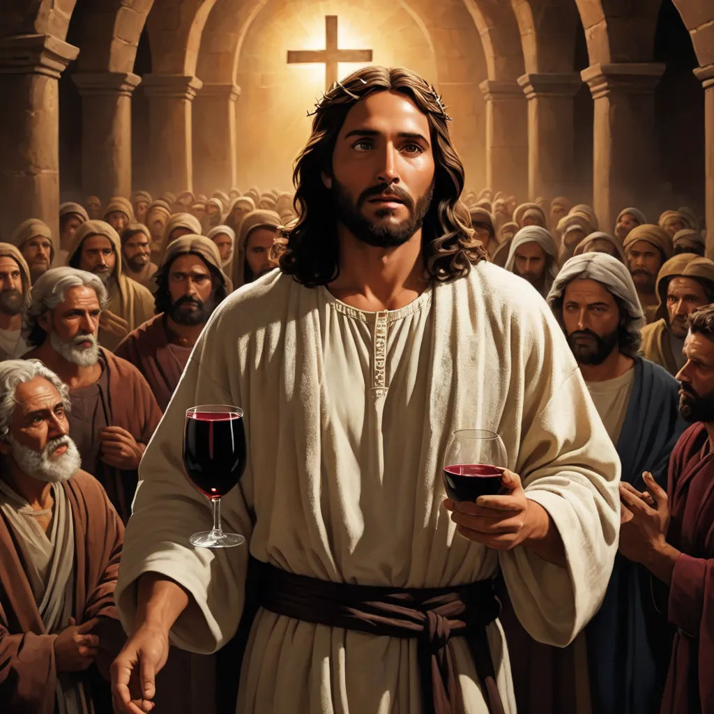 a painting of jesus holding a glass of wine in front of a crowd of people with a cross on the wall, figurativism, a digital rendering, Brothers Hildebrandt, renaissance oil painting