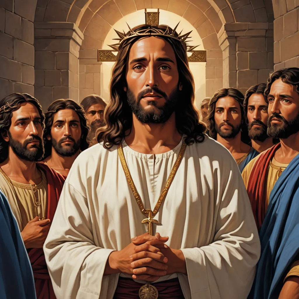 a painting of jesus standing in front of a group of men wearing robes and holding a cross in his hands, mannerism, a detailed painting, Brothers Hildebrandt, powerful