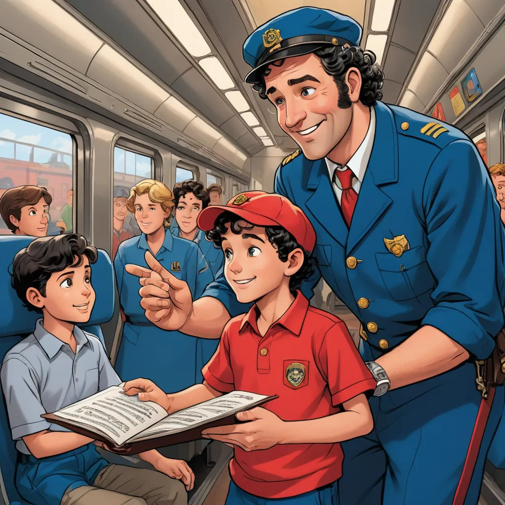 a man in a uniform is reading a book to a boy in a red shirt and blue pants on a train, socialist realism, a storybook illustration, Brothers Hildebrandt, official art