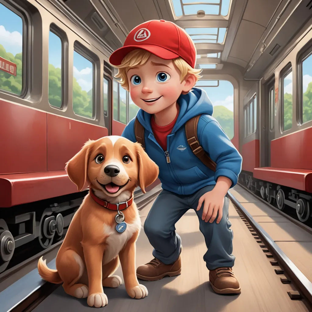 a boy and his dog are standing on a train platform with a train in the background and a train on the tracks, sots art, a storybook illustration, Chris LaBrooy, professional digital painting