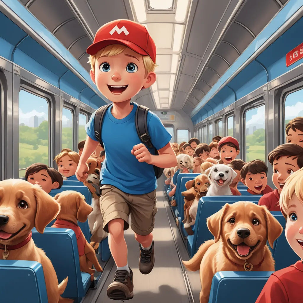 a boy running on a train with a bunch of dogs on the seats behind him and a red hat on, furry art, a storybook illustration, Chris LaBrooy, trending on furaffinity