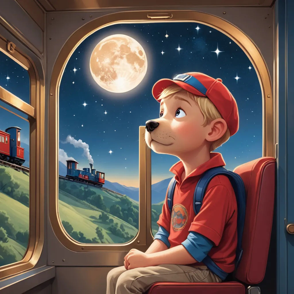 a boy looking out a window at a train and a dog on the train tracks at night with a full moon, furry art, a storybook illustration, Aaron Jasinski, storybook illustration
