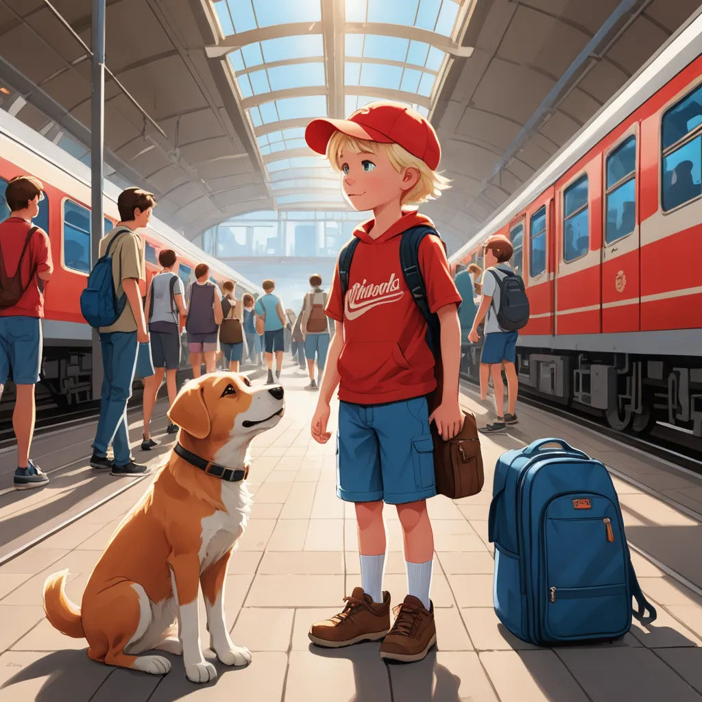 a boy and his dog are waiting for the train to arrive at the station, while people wait to board, photorealism, a storybook illustration, Diego Gisbert Llorens, official art