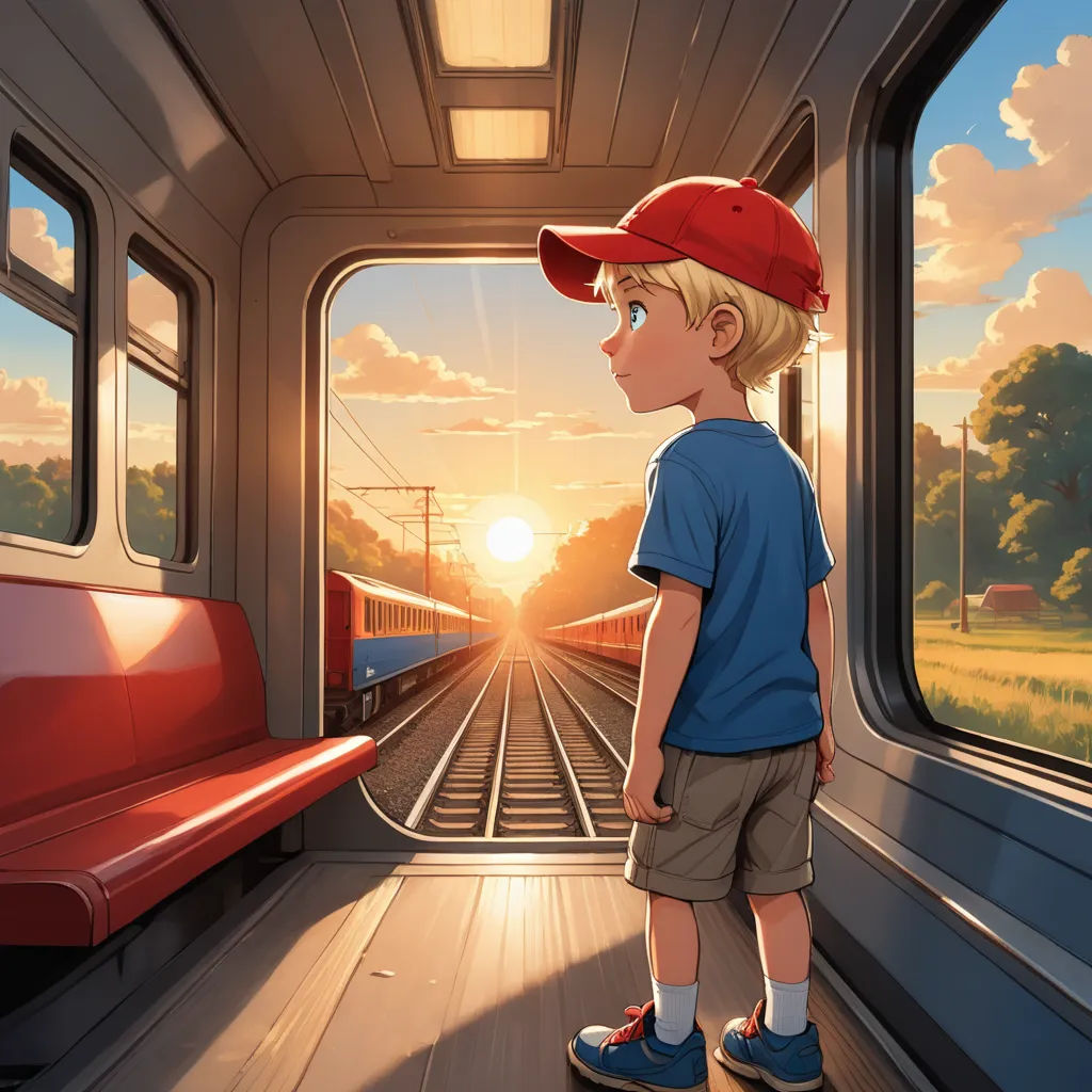 a boy standing on a train looking out the window at the sunset or sunrise or sunrise, with a train passing by, photorealism, a storybook illustration, Cyril Rolando, rossdraws global illumination