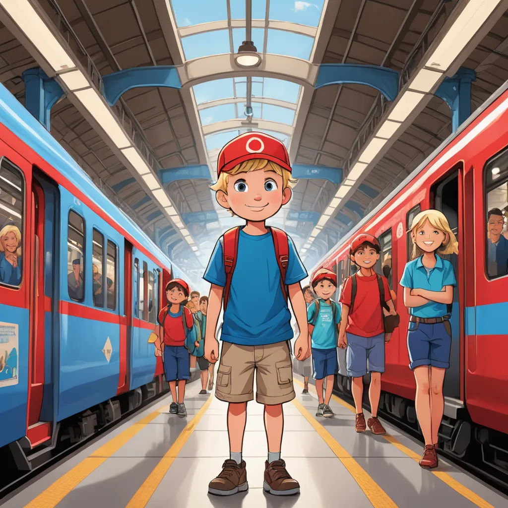 a boy standing in a train station with a group of people standing next to him and a train on the other side, viennese actionism, a storybook illustration, Diego Gisbert Llorens, official art