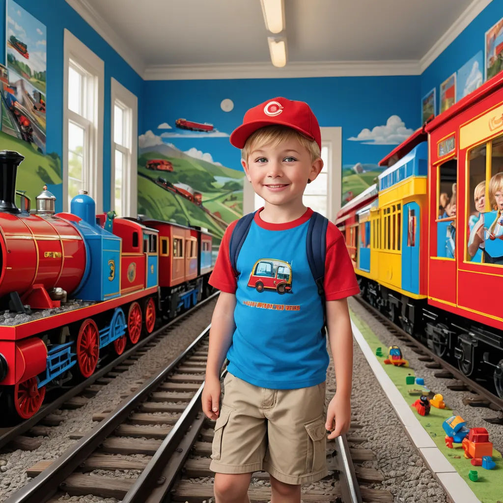 a young boy standing in front of a train in a room with a mural on the wall and a train on the wall, regionalism, a storybook illustration, Bob Byerley, promotional image