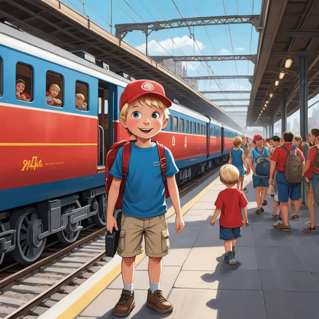 a boy in a red hat is standing next to a train at a station with a group of people, socialist realism, a storybook illustration, disney, official art