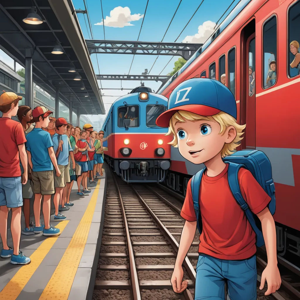 a boy in a red shirt and blue cap is standing in front of a train while people are waiting on the platform, lyco art, a storybook illustration, Diego Gisbert Llorens, llustration