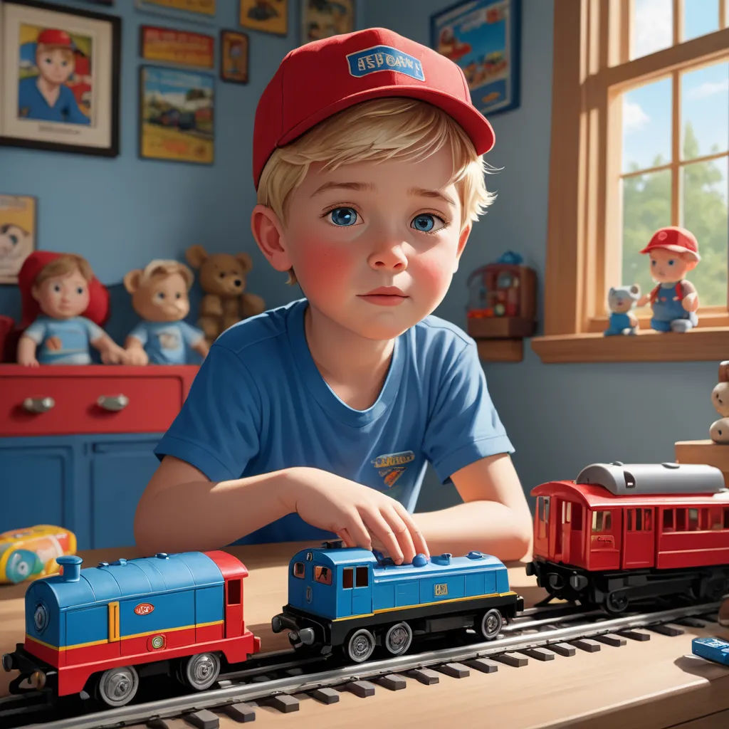 a boy in a red hat is playing with a toy train set on a table in a room with toys, photorealism, an ultrafine detailed painting, Bob Byerley, highly detailed digital painting