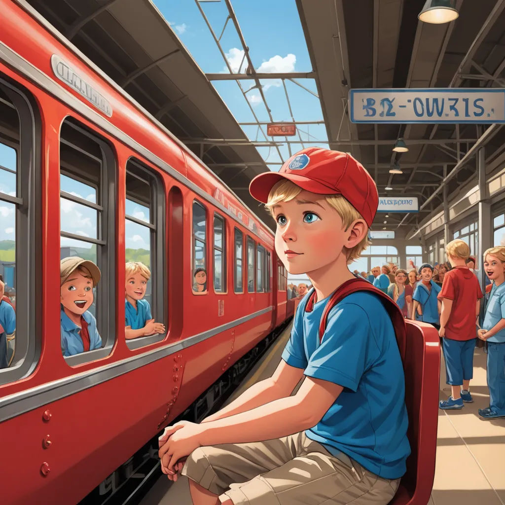 a boy sitting on a train looking out the window at the other children on the other side of the train, socialist realism, a storybook illustration, Bob Byerley, storybook illustration
