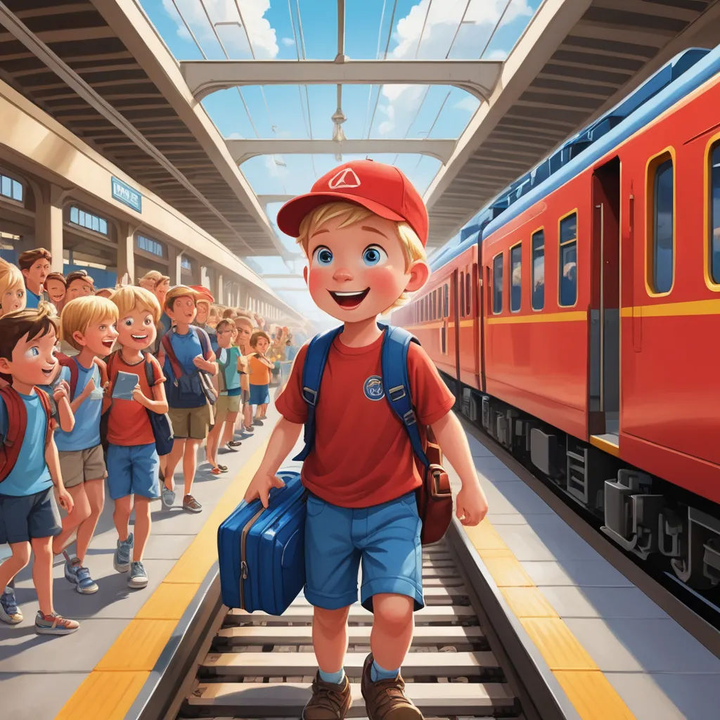 a boy with a backpack and a suitcase walking down a train track with a group of children standing on the platform, photorealism, a storybook illustration, Diego Gisbert Llorens, storybook illustration