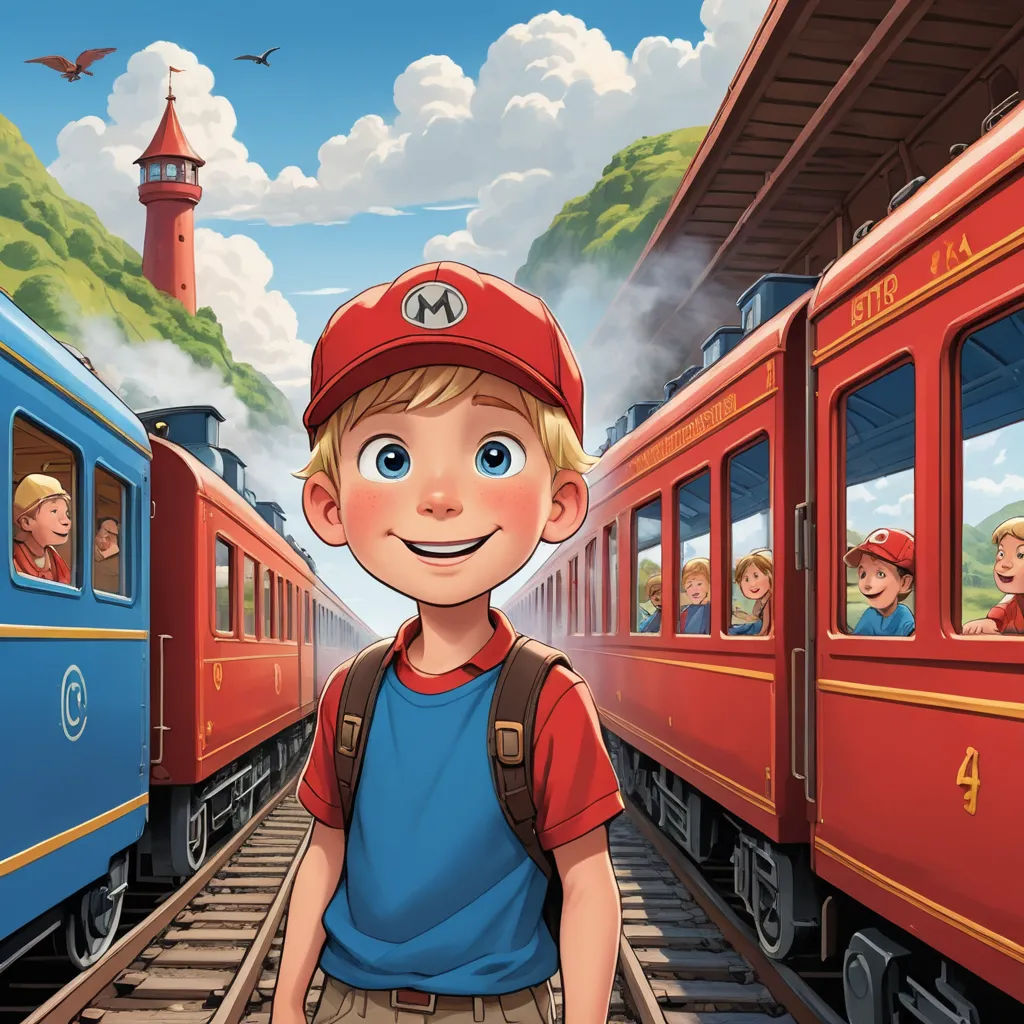 a boy in a red hat is standing in front of a train with other children on it and a lighthouse in the background, sots art, a storybook illustration, Diego Gisbert Llorens, storybook illustration