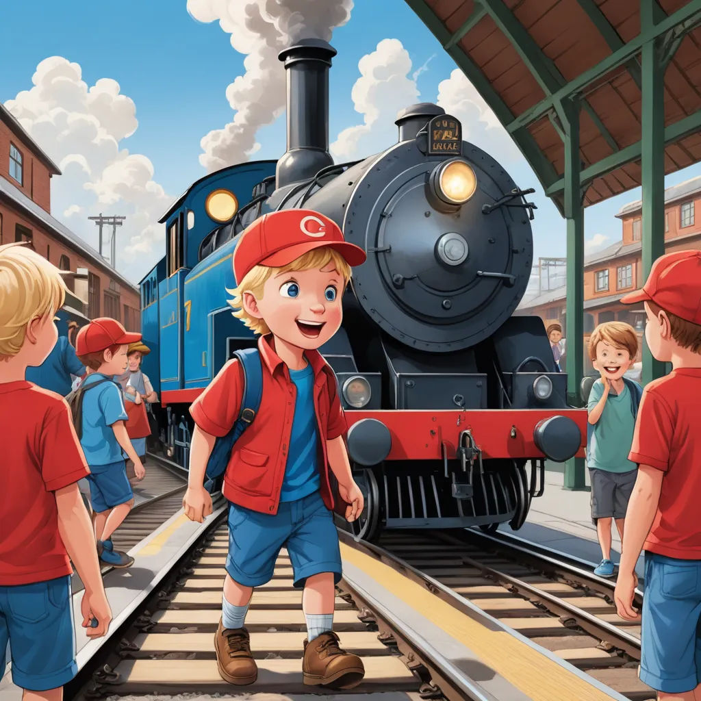 a boy in a red hat is standing on a train track with other children in the background and a train on the track, sots art, a storybook illustration, Diego Gisbert Llorens, official art