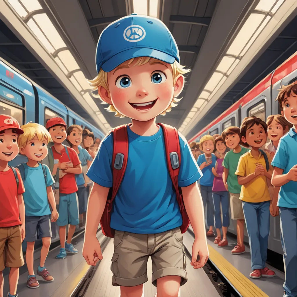 a boy with a backpack and a baseball cap is walking in front of a group of children on a train platform, photorealism, a storybook illustration, Diego Gisbert Llorens, storybook illustration