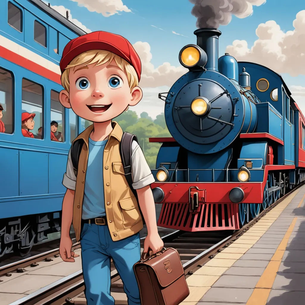 a boy with a suitcase is standing next to a train and smiling at the camera while another boy is waiting for the train, fantastic realism, a storybook illustration, Diego Gisbert Llorens, storybook illustration