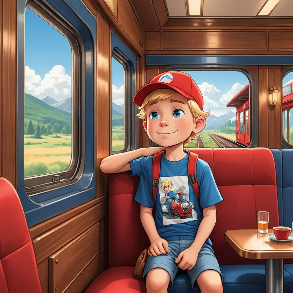 a boy sitting on a train looking out the window at the scenery outside of the window is a train, photorealism, a storybook illustration, Andrey Esionov, storybook illustration
