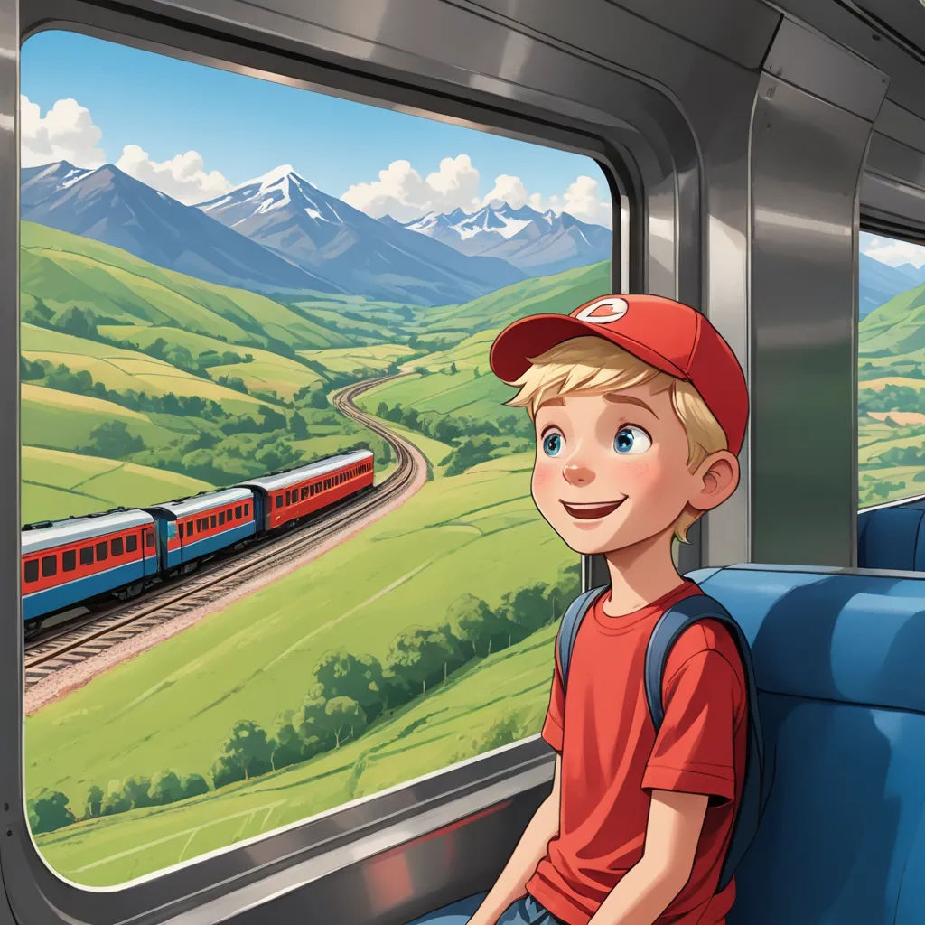 a boy sitting on a train looking out the window at a mountain landscape with a train passing by him, socialist realism, a storybook illustration, Andrey Esionov, storybook illustration