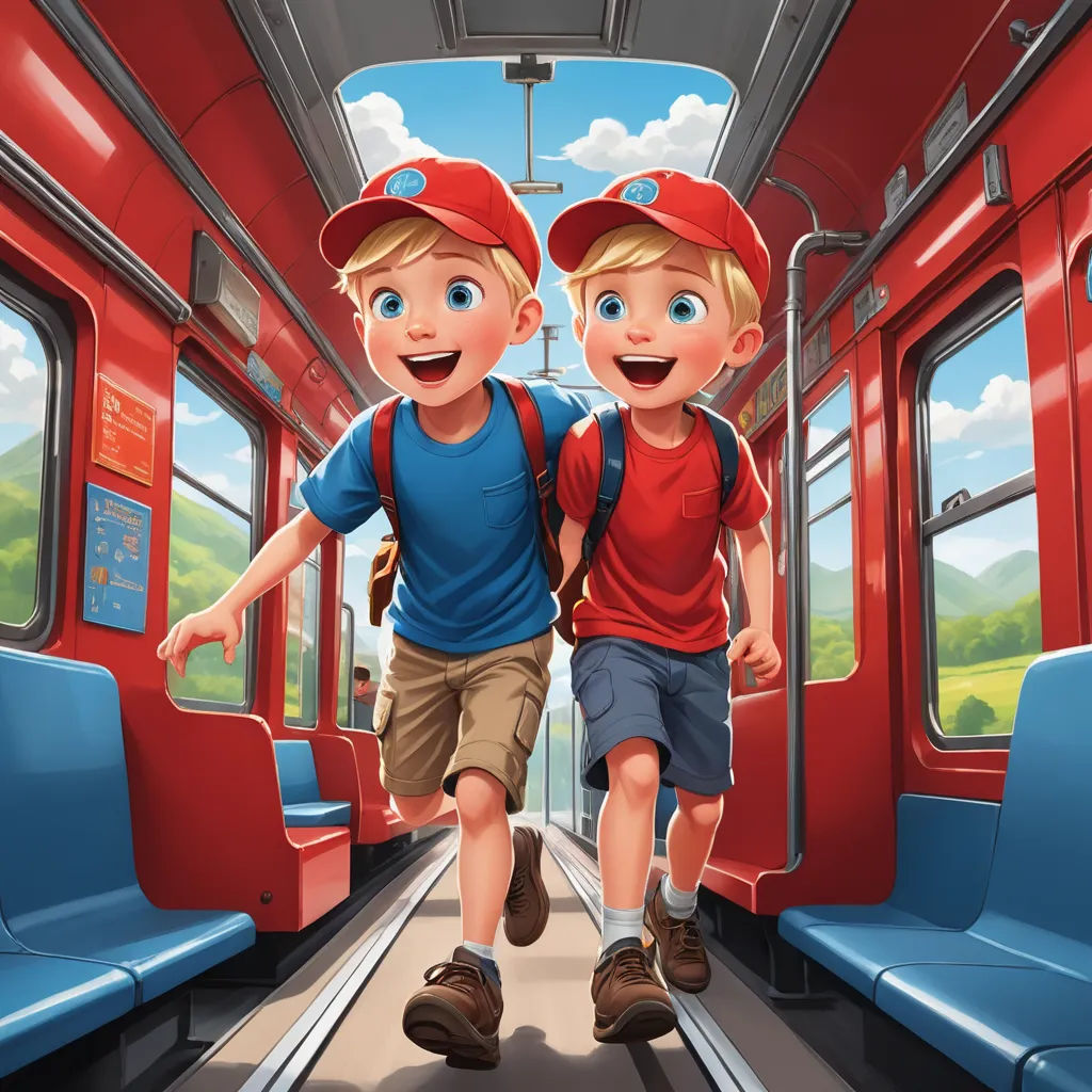 two boys are running on a train with their backpacks on and one boy is wearing a red hat, lyco art, a storybook illustration, Brothers Hildebrandt, highly detailed digital painting