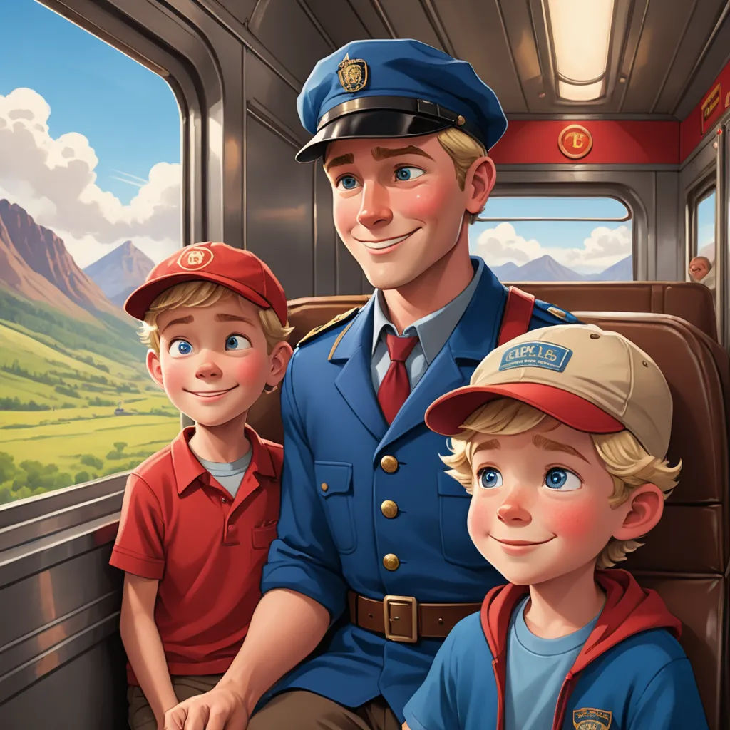 a man and two boys are sitting on a train together, with mountains in the background and a valley in the foreground, sots art, a storybook illustration, Brothers Hildebrandt, highly detailed digital painting