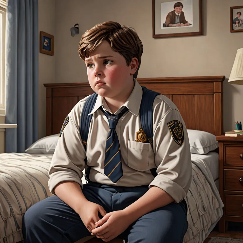a boy in a uniform sitting on a bed in a bedroom with a lamp on the nightstand and a picture of a boy in the background, american scene painting, a hyperrealistic painting, F. Scott Hess, highly detailed digital painting