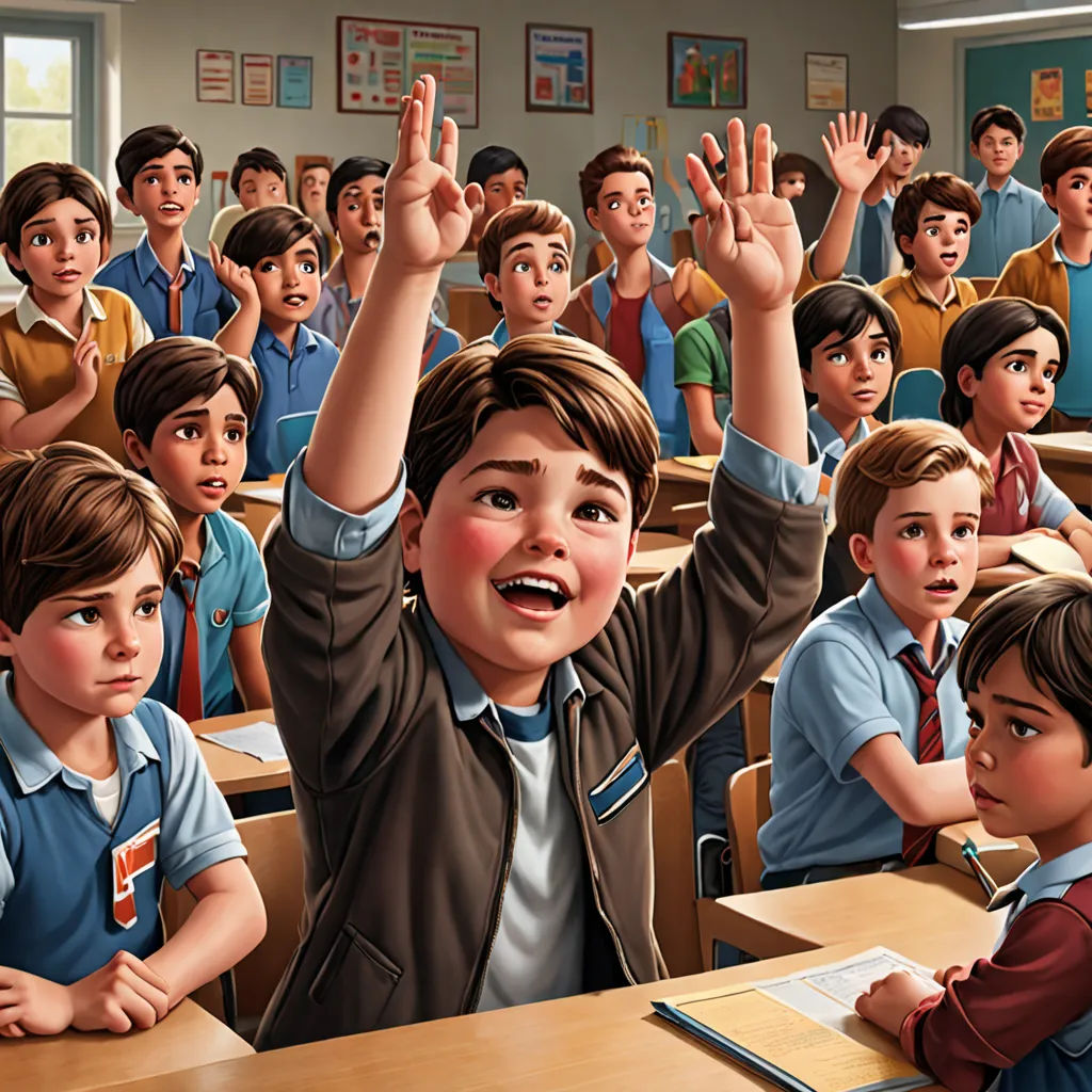 a painting of a boy raising his hands in a classroom full of students, with one boy in the middle of the class, institutional critique, a comic book panel, F Scott Hess, graphic novel
