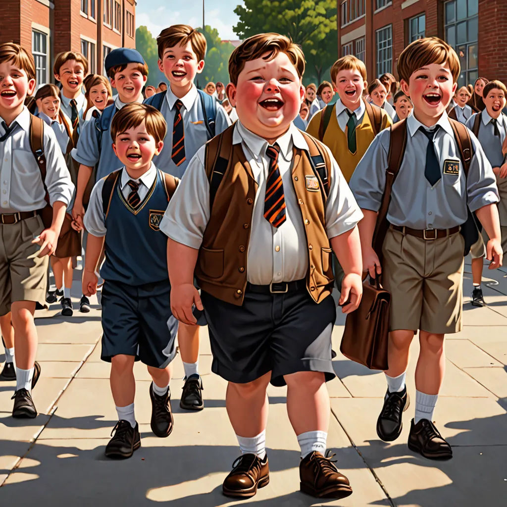 a group of children walking down a sidewalk next to each other in school uniforms and ties on their heads, american realism, a detailed painting, F. Scott Hess, official art