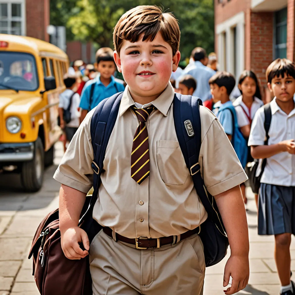 a boy in a school uniform walking down the street with a backpack on his back and a school bus in the background, vancouver school, a character portrait, Ben Zoeller, promotional image