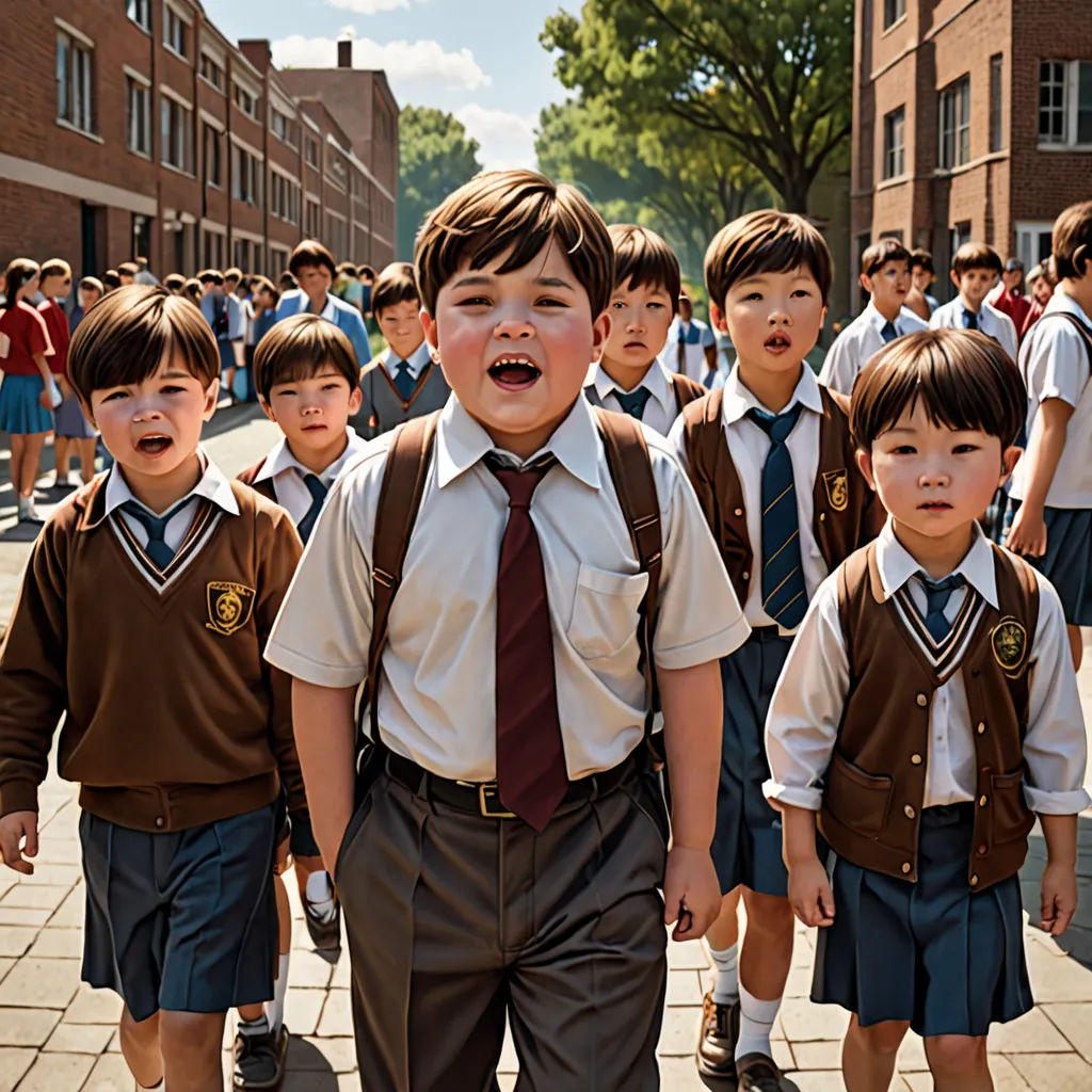 a group of young boys walking down a street next to each other in school uniforms and ties on a sidewalk, american realism, a poster, David Park, promotional image