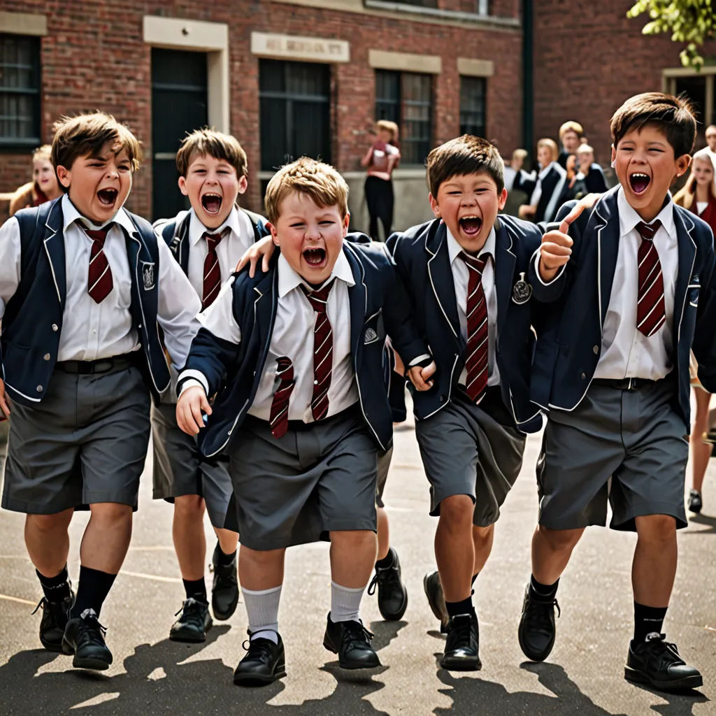 a group of young boys in school uniforms walking down a street together with their mouths open and their hands in the air, heidelberg school, a poster, David Annand, promotional image