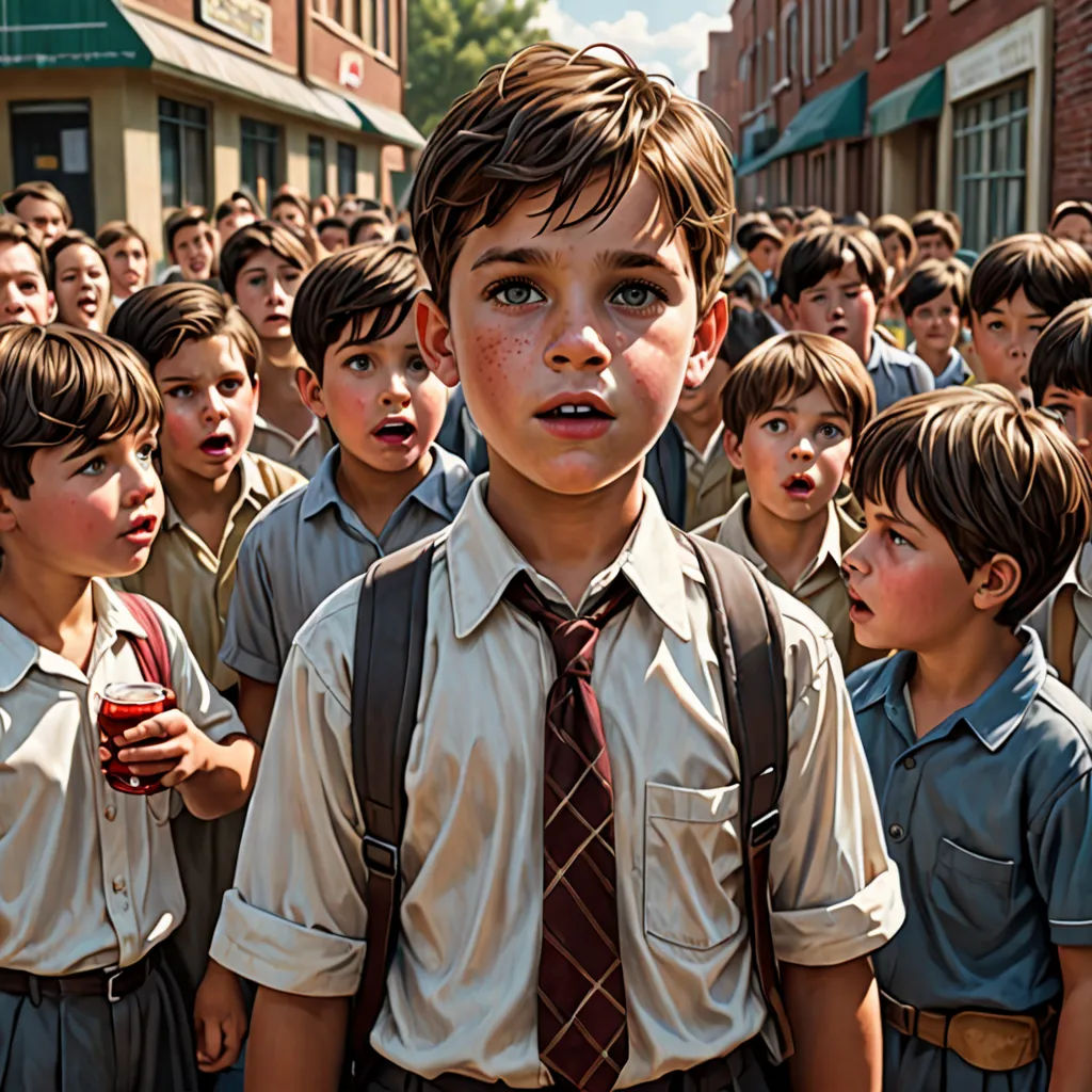 a group of young boys standing next to each other in front of a crowd of people in school uniforms, photorealism, a hyperrealistic painting, Edward Otho Cresap Ord, II, cinematic photography
