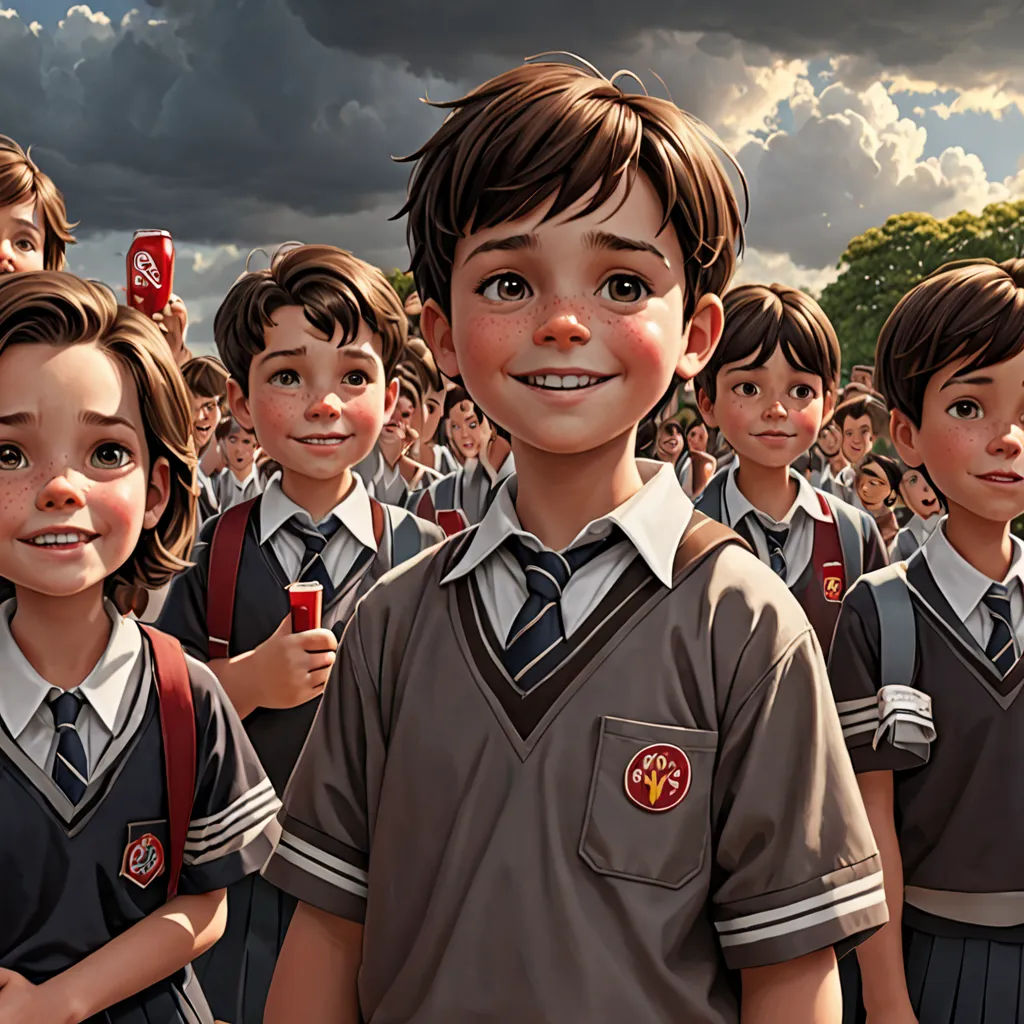 a group of children standing next to each other in front of a crowd of people wearing school uniforms and holding cell phones, fantastic realism, a detailed painting, Aaron Jasinski, cushart krenz