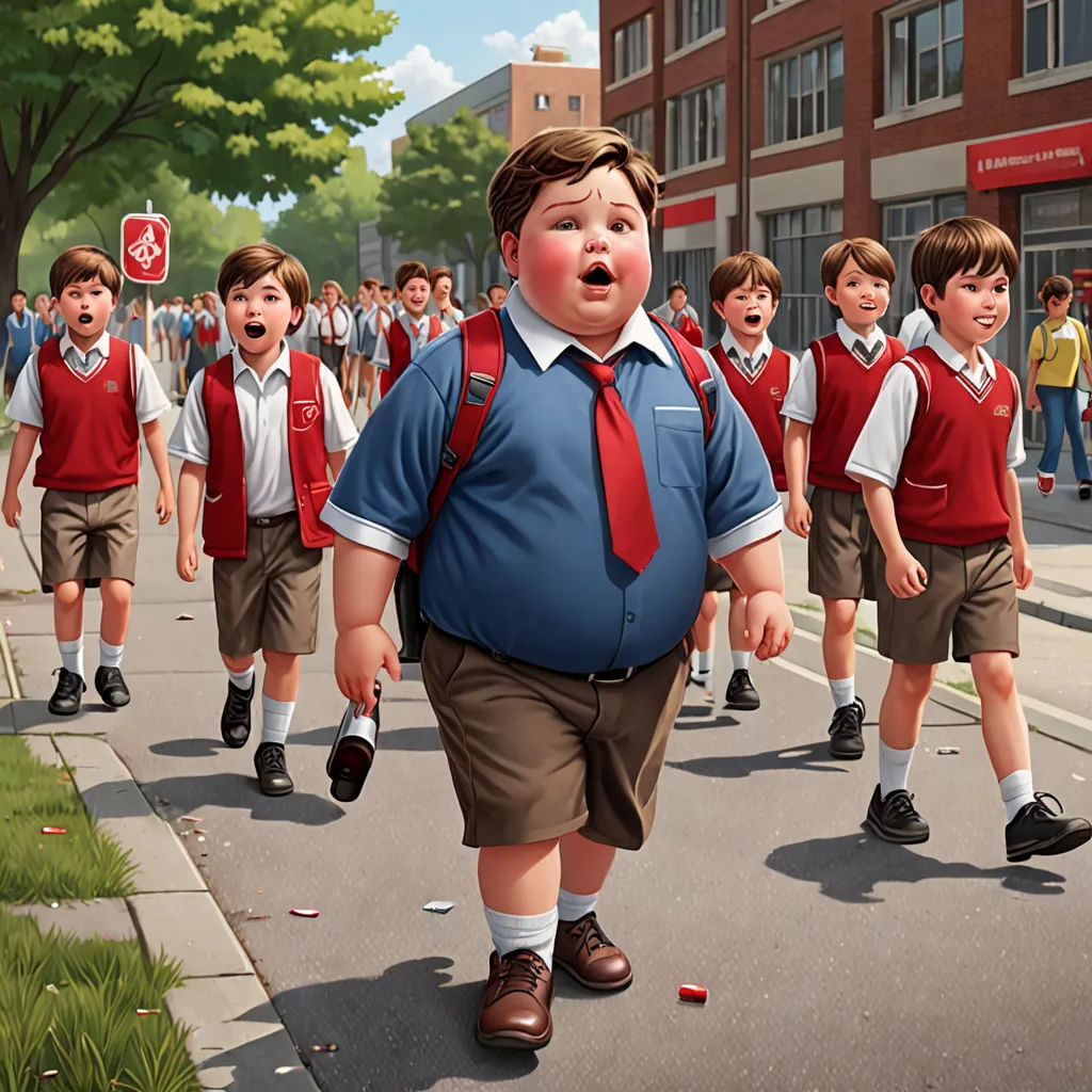 a group of children walking down a street next to a building with a man in a red tie and a group of other children, american scene painting, a storybook illustration, F. Scott Hess, storybook illustration