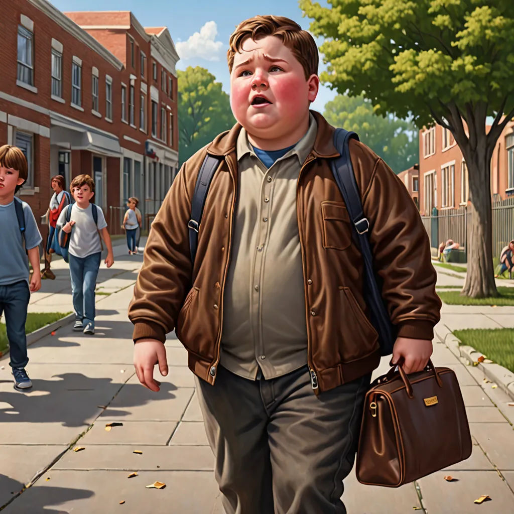 a painting of a boy walking down a sidewalk with a bag on his shoulder and a group of children walking down the sidewalk, american realism, a digital painting, F. Scott Hess, highly detailed digital painting