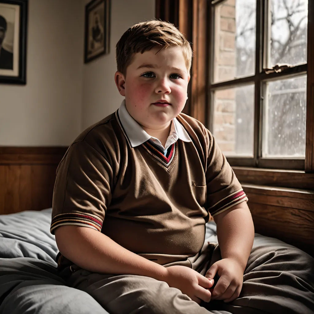 a young boy sitting on a bed in front of a window with a brown shirt and white collared shirt, american realism, a character portrait, Daniel Lieske, christian macnevin